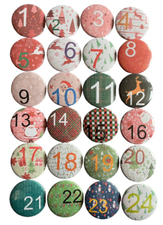 Adventskalender Weihnachts Buttons 1-24 Ø 38mm mit Nadel